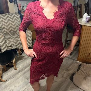 Red lace cut out back dress